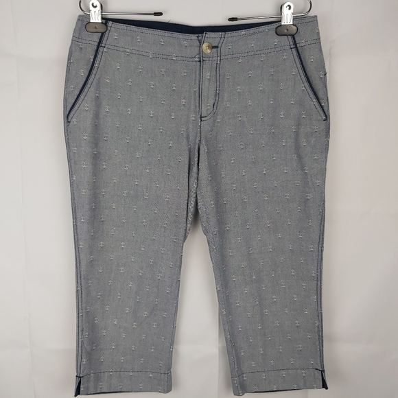 𝅺🍄3/50$🍄 Columbia PFG Capri Pants Anchor Pattern Embroidered Chambray Sz 8 - Picture 3 of 9